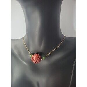 Vintage Gold Tone Chain Necklace Cinnabar Jade Stones Pendant Jewelry Fine